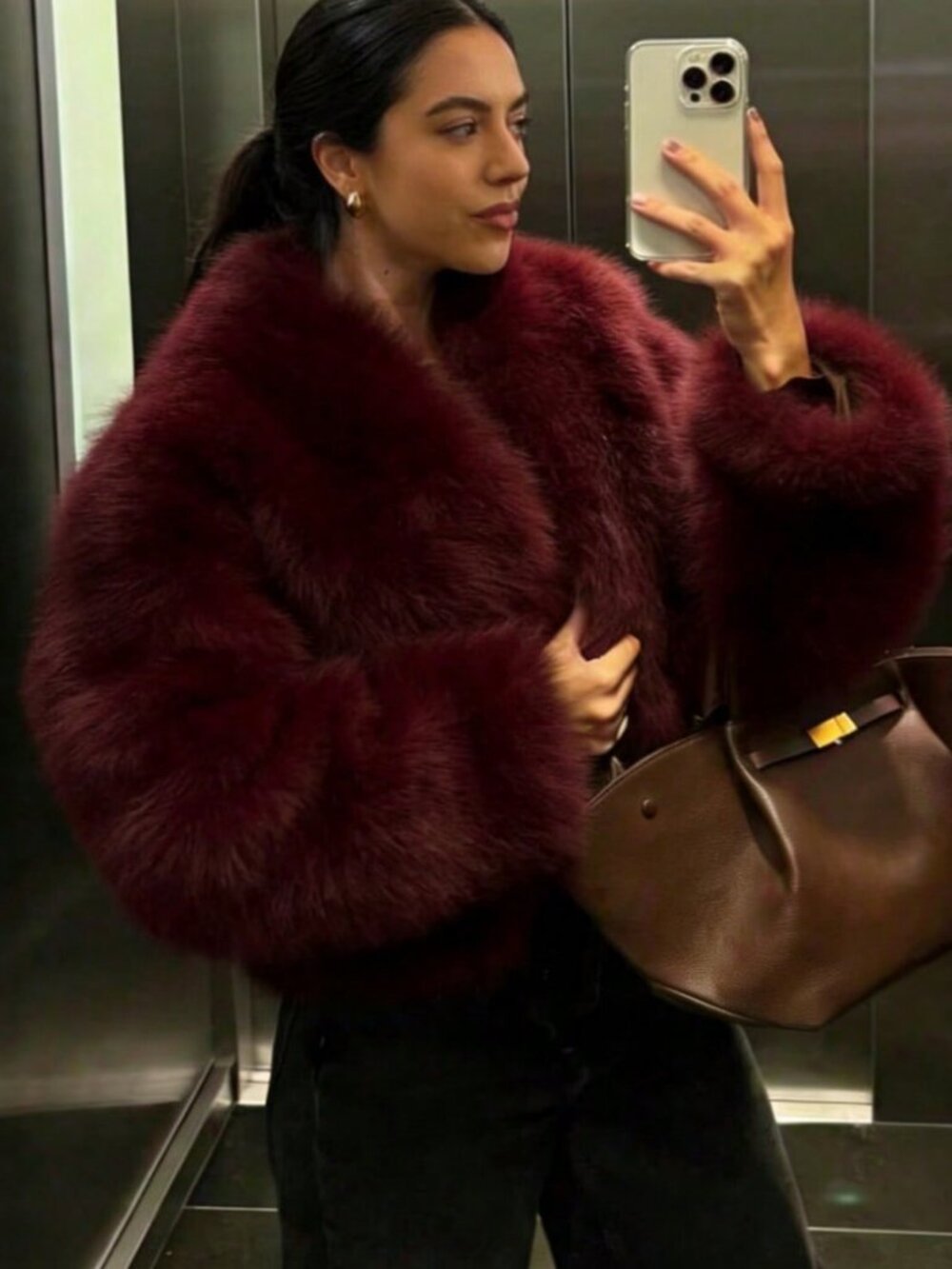 Burgundy Casual Women's Faux Fur Collar Short teddy coat Jacket